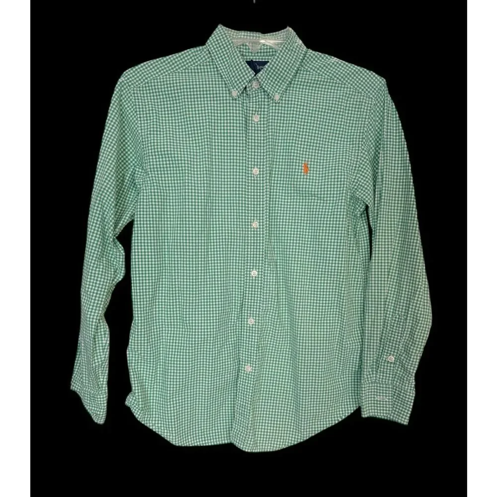 Ralph Lauren Boys Green/White Gingham Check Button Down Shirt Sz. 14-16 Latge